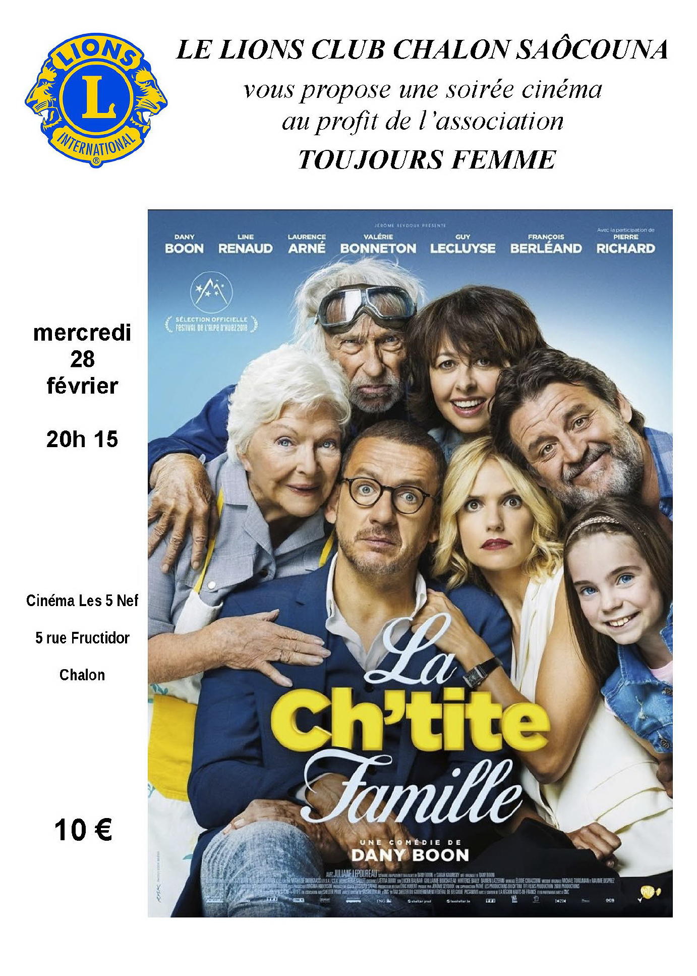 affiche Soirée cinéma La Ch'tite Famille au profit de l'association TOUJOURS FEMME