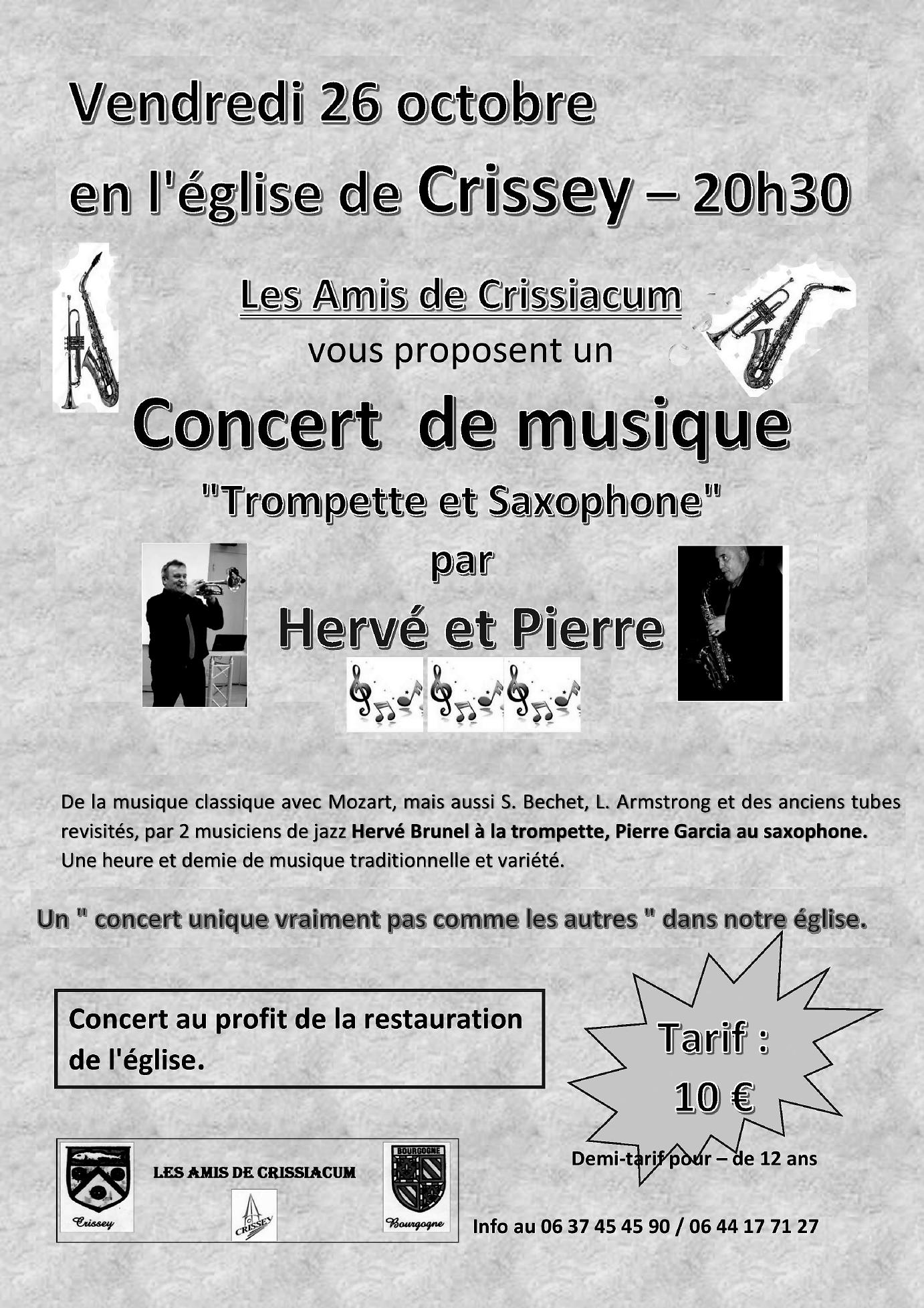 affiche Concert de musique Trompette et saxophone en l'église de Crissey 